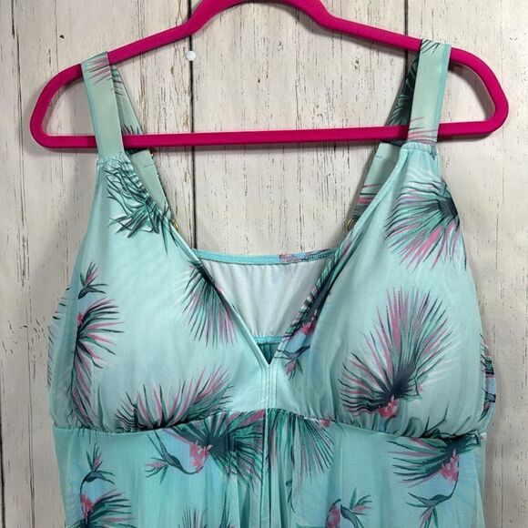 Fit 4 U Womens Plus Floral Print Mesh Splicing Blue Green One Piece Swimsuit - Picture 2 of 15